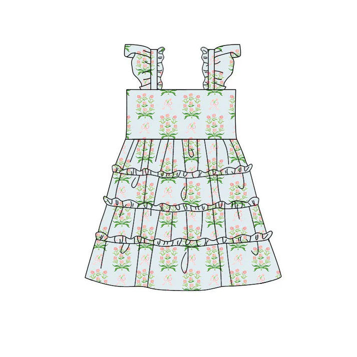 Preorder(moq 5) Baby Girls Pink Flowers Bows Patchwork Knee Length Dresses 10.29