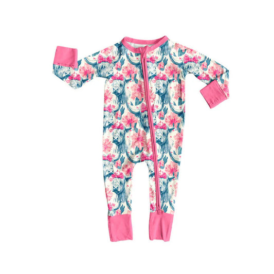Preorder (moq 8)Baby Girls Highland Cows Flowers Western Zipper Footie Rompers 9.10