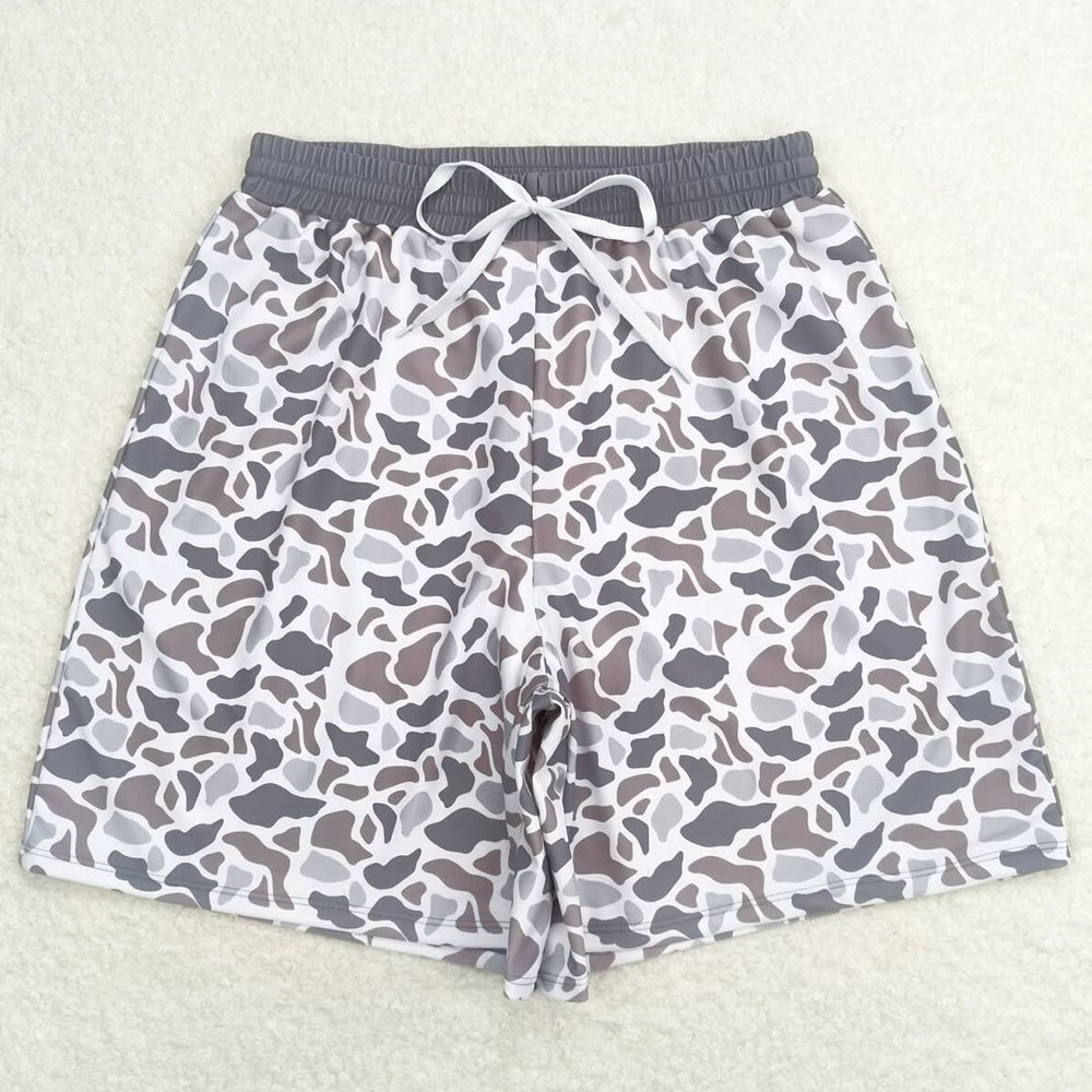 Adult Man Swim Trunks Grey Camo Bottom Trunk Drawstrings Shorts Swimwear S0403