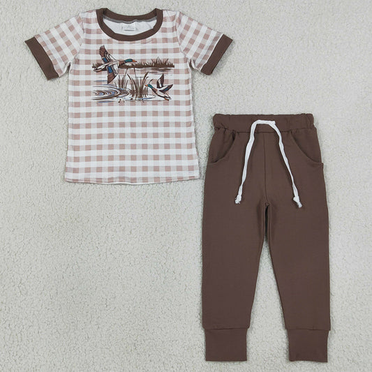 Baby Boys Clothes Brown Checked Ducks Top Pockets Jogger Hunting Clothes Sets BSPO0689