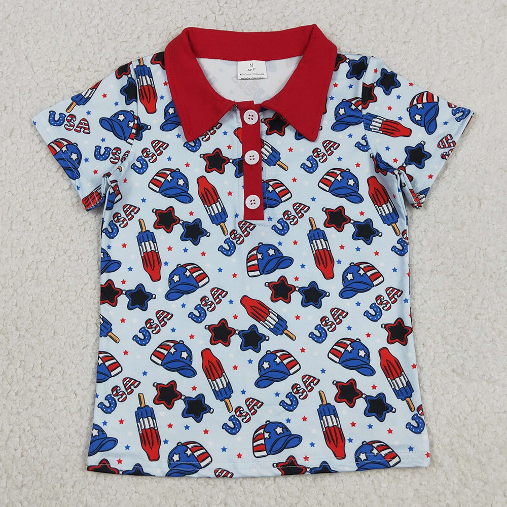 Baby Boys Clothes Short Sleeve USA Popsicle 4th of July Button Polo Shirts Top BT1767
