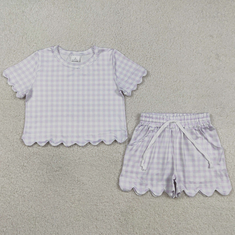 Baby Girls Clothes Lavender Checked Shirts Top Scallop Shorts Clothes Sets GSSO3181