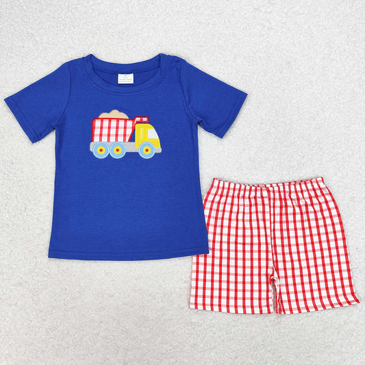 Baby Boys Clothes Red Checkered Dump Truck Shirt Top Shorts Clothes Sets BSSO0857