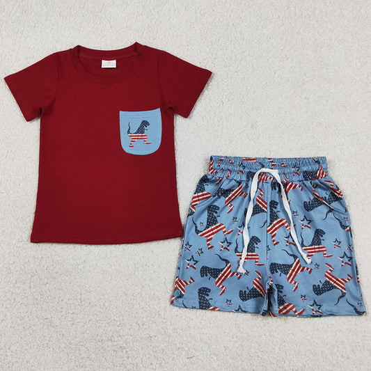 Baby Boys Clothes Dinosaurs Flags Pocket Shirts Shorts 4th of July Clothes Sets BSSO0519