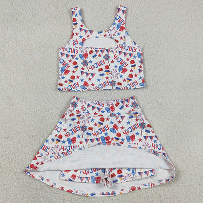 Baby Girls Clothes Bows Popsicle Stars Vest Skirt Shorts 4th of July Yoga Active Clothes Sets GSD3498