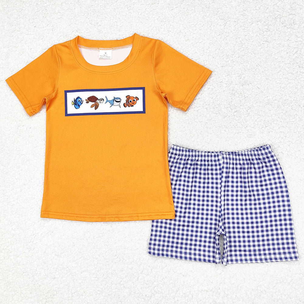 Baby Boys Clothes Orange Fish Shirt Checkered Shorts Sets BSSO0964