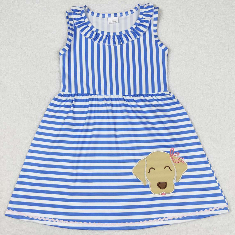 Baby Girls Dress Blue Stripes Dog Sleeveless Knee Length Dresses GSD0934