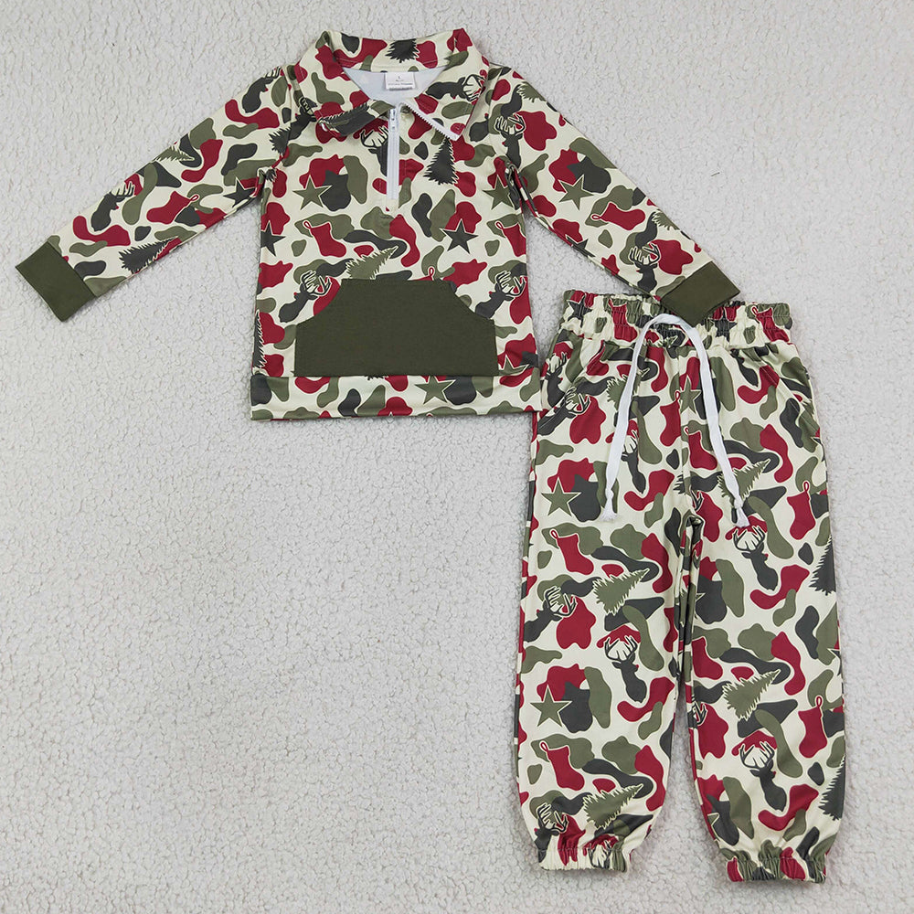 Baby Boys Red Green Camo Deer Trees Zip Pocket Pullovers Jogger Christmas Clothes Sets BLP1486