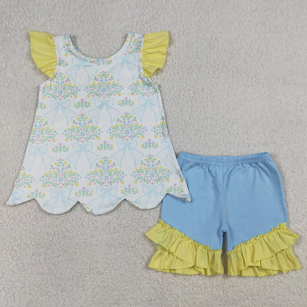 Baby Girls Clothes Bow Flowers Checked Scallop Tunic Ruffle Shorts Clothes Sets GSSO2767