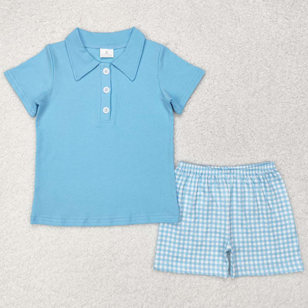 Baby Boys Clothes Blue Short Sleeve Tee Shirts Checkered Shorts Sets BSSO0954