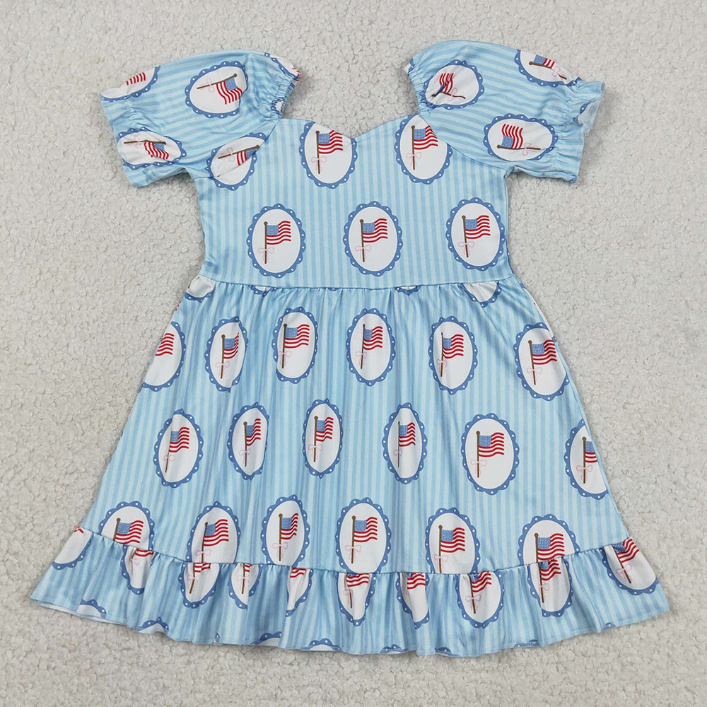 Baby Girls Dress Blue Stripe Bow Flags 4th of July Ruffle Knee Length Dresses GSD3792