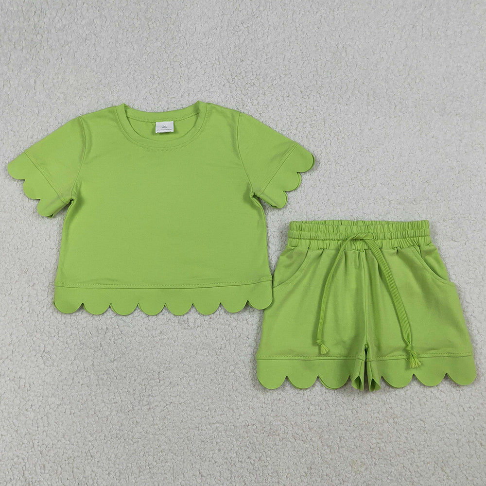 Baby Girls Clothes Short Sleeve Green Shirts Top Shorts Scallop Clothes Sets GSSO3179