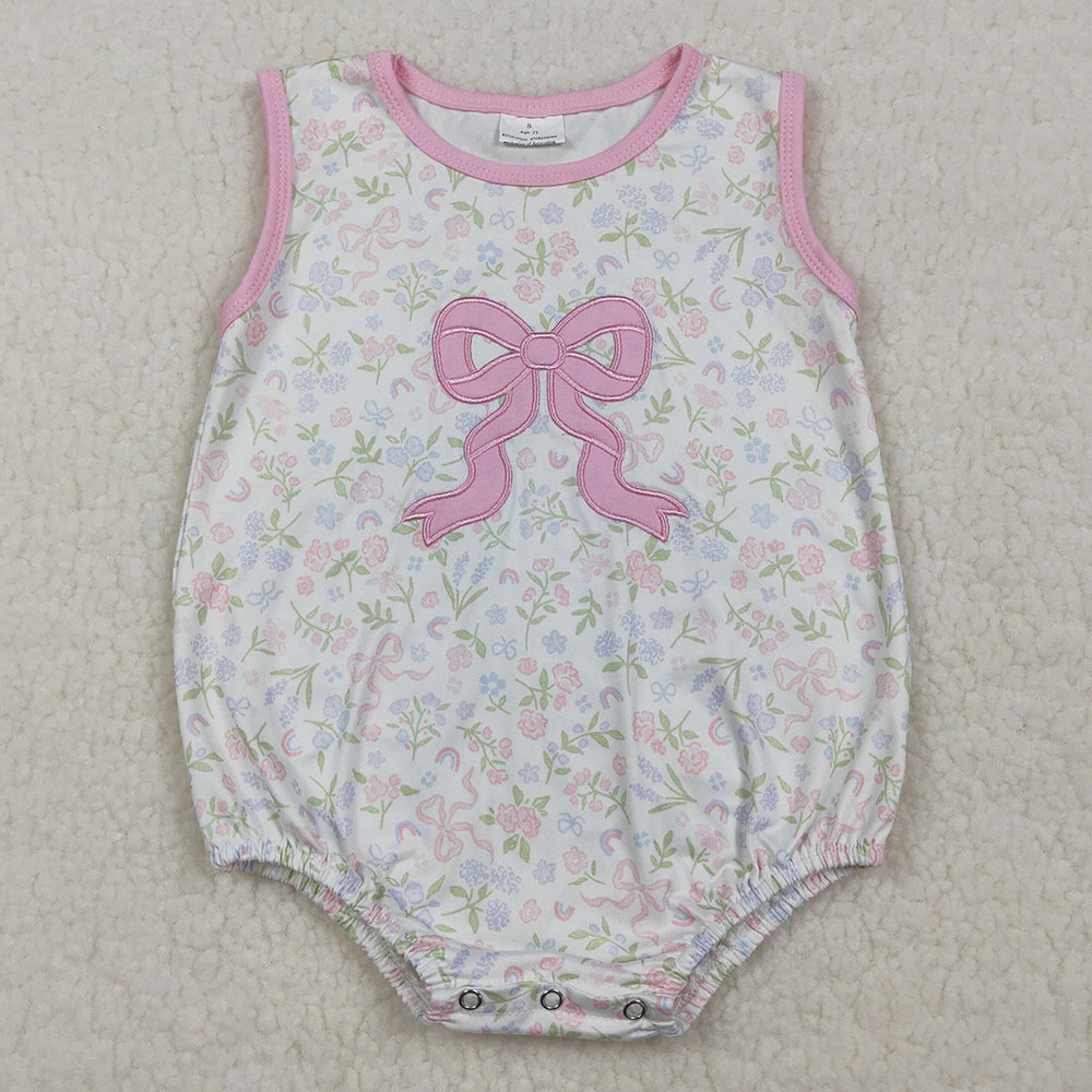 Baby Girls Rompers Embroidery Pink Bow Sleeveless Flowers Ruffle Rompers SR3727