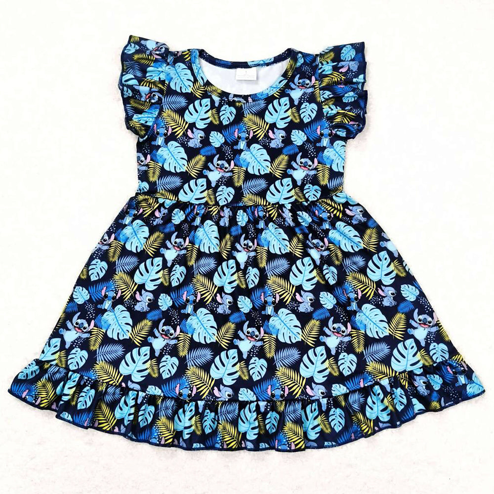 Baby Girls Dress Blue Cartoon Animal Flutter Sleeve Knee Length Dresses GSD0863