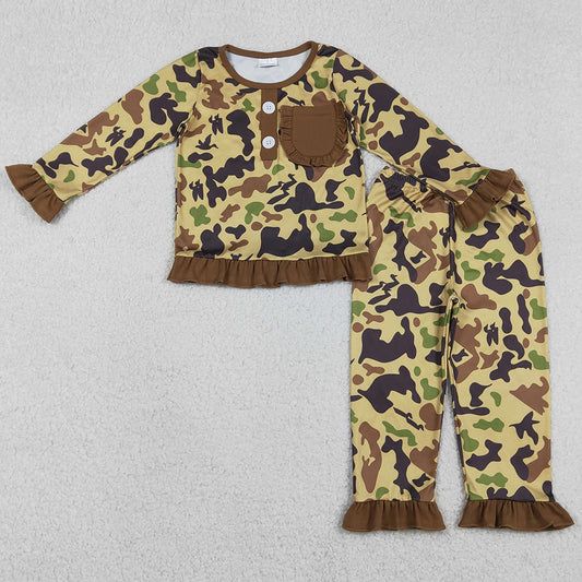 Baby Girls Pajamas Brown Camo Pocket Button Top Ruffle Pants Hunting Pajamas Sets GLP1355 12.25