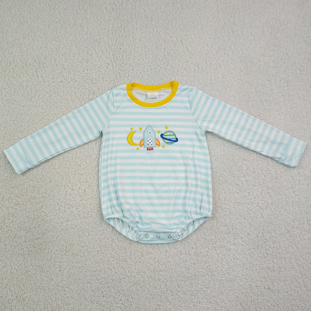 Baby Boys Rompers Embroidery Rocket Moons Long Sleeve Blue Stripe Rompers LR3063
