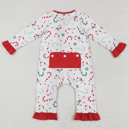 Baby Girls Rompers Christmas Candy Cane Zip Ruffle Rompers LR1842