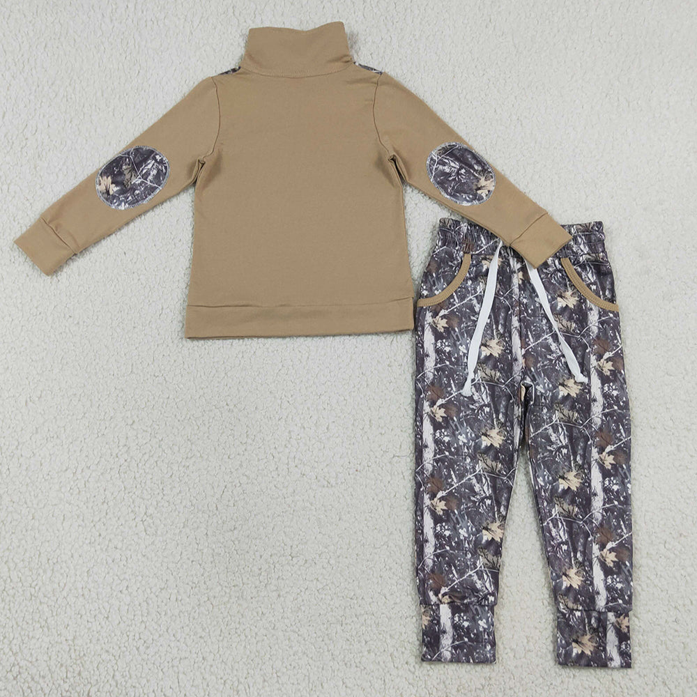 Baby Boys Clothes Khaki Zip Pullover Leaves Camo Pockets Jogger Clothes Sets BLP1446