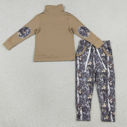 Baby Boys Clothes Khaki Zip Pullover Leaves Camo Pockets Jogger Clothes Sets BLP1446