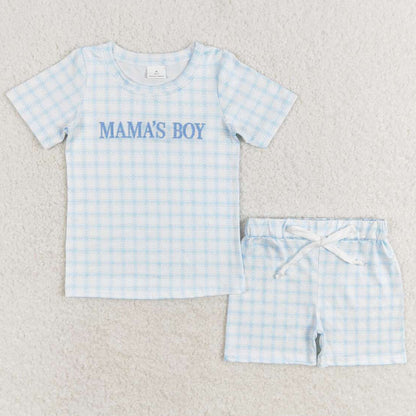 Boutique Baby Boys Clothes Mama's Boys Blue Checkered Tee Shirts Tops Shorts Sibling Clothes Sets BSSO0912