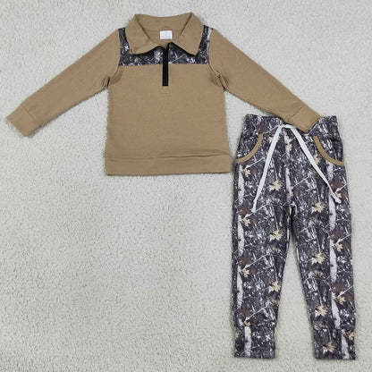 Baby Boys Clothes Khaki Zip Pullover Leaves Camo Pockets Jogger Clothes Sets BLP1446