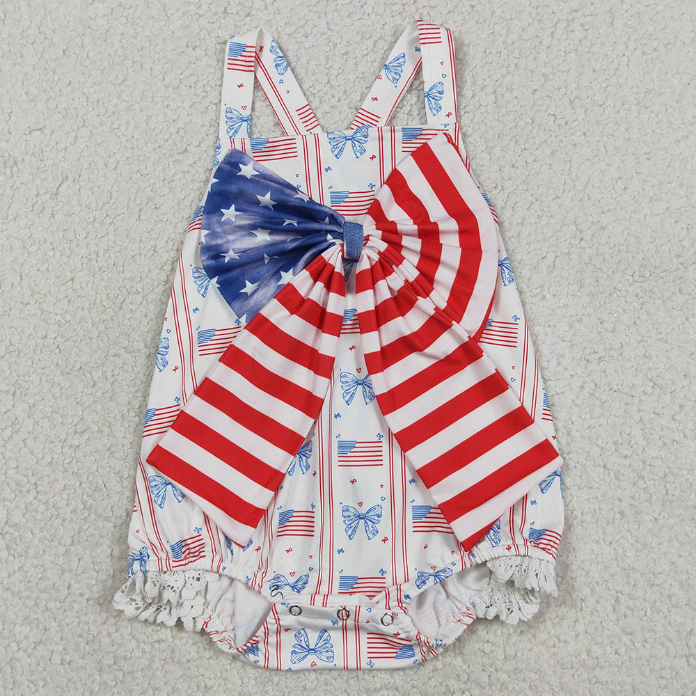 Baby Girls Rompers Strap Flags Bows Stripe 4th of July Ruffle Rompers SR3862