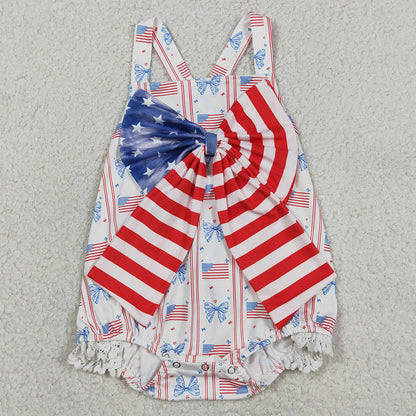 Baby Girls Rompers Strap Flags Bows Stripe 4th of July Ruffle Rompers SR3862