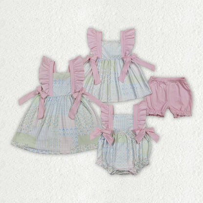 Sibling Baby Girls Flowers Checked Tunic Ruffle Shorts Clothes Set Knee Length Dress Rompers