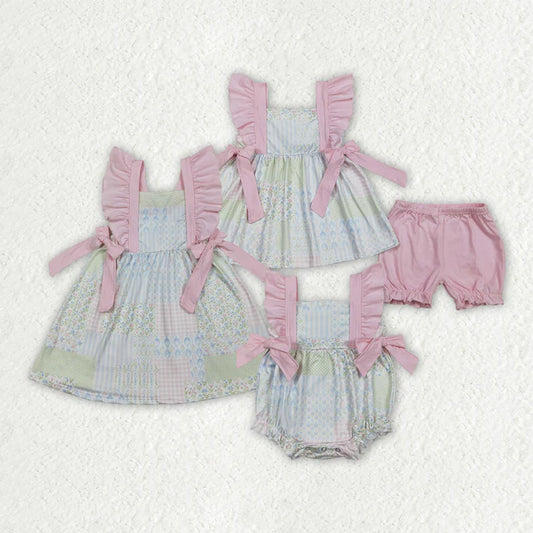 Sibling Baby Girls Flowers Checked Tunic Ruffle Shorts Clothes Set Knee Length Dress Rompers