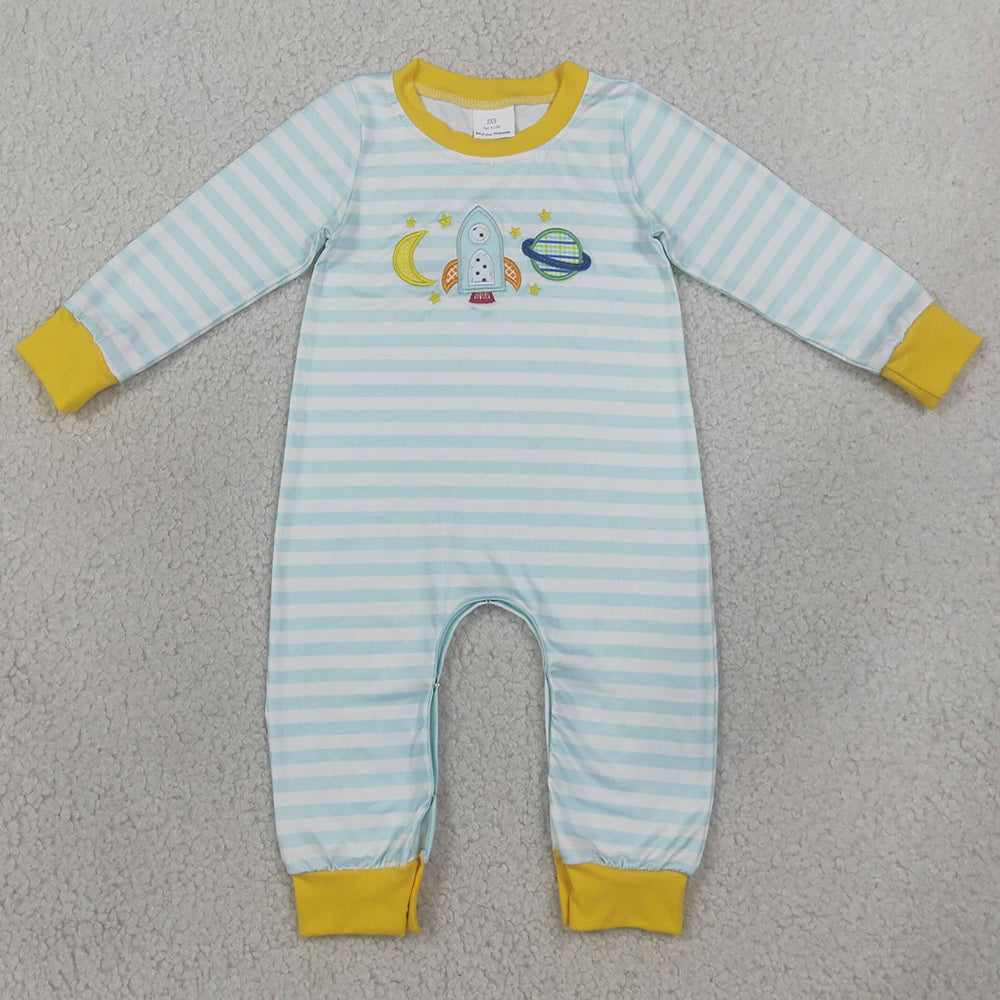 Baby Boys Rompers Embroidery Rocket Moons Long Sleeve Blue Stripe Rompers LR3062