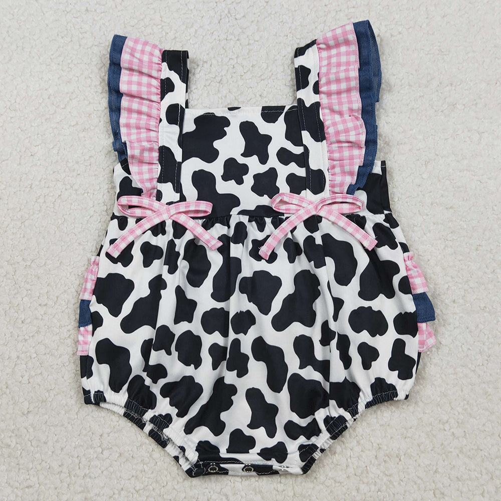 Baby Girls Rompers Flutter Sleeve Western Cow Print Ruffle Rompers SR3898