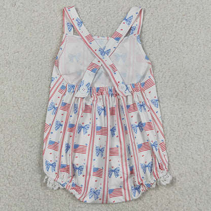 Baby Girls Rompers Strap Flags Bows Stripe 4th of July Ruffle Rompers SR3862