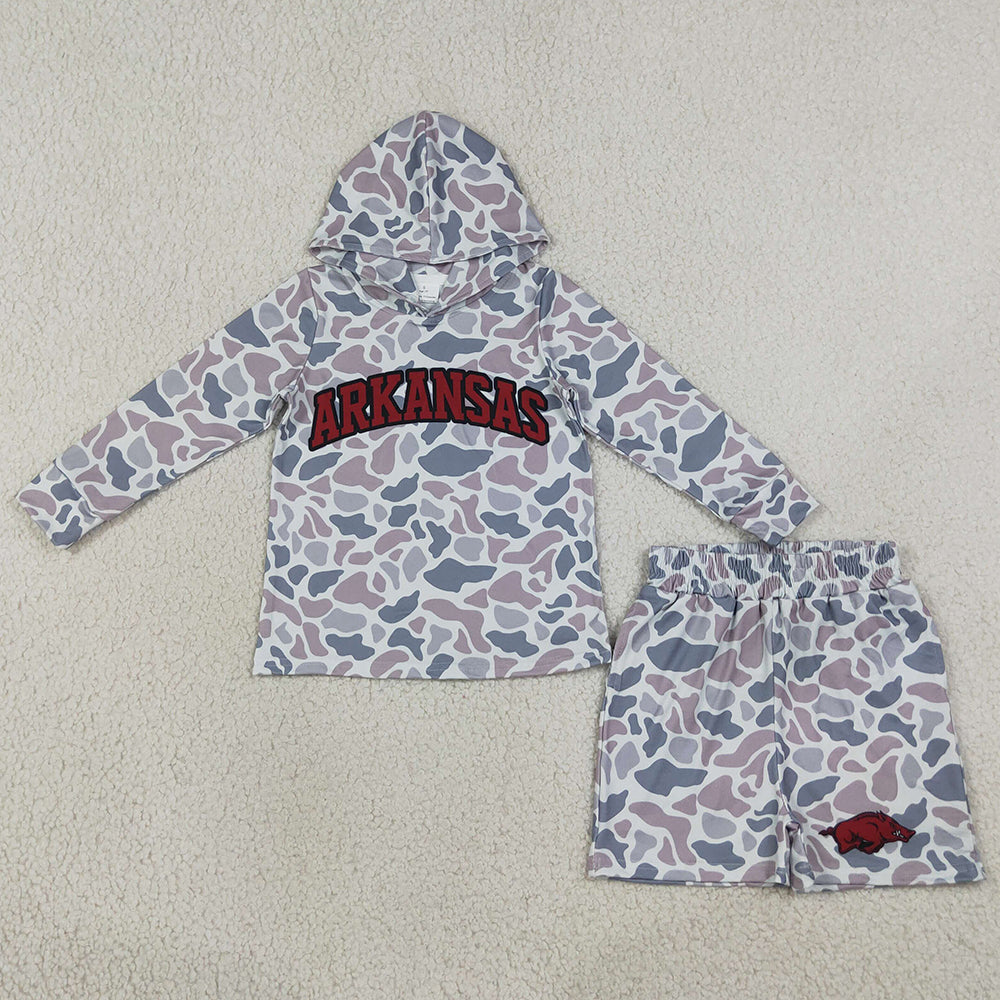 Baby Boys Clothes Light Grey Camo Arkansas Long Sleeve Hoodie Pockets Short Team Clothes Set BLS0046