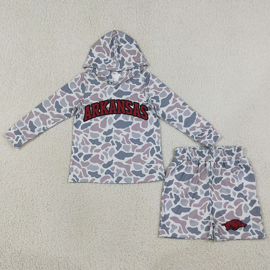 Baby Boys Clothes Light Grey Camo Arkansas Long Sleeve Hoodie Pockets Short Team Clothes Set BLS0046