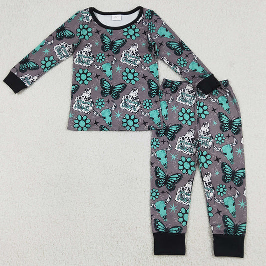 Baby Girls Pajamas Bull Skulls Butterfly Turquoises Top Pants Western Pajamas Sets GLP3254 12.27
