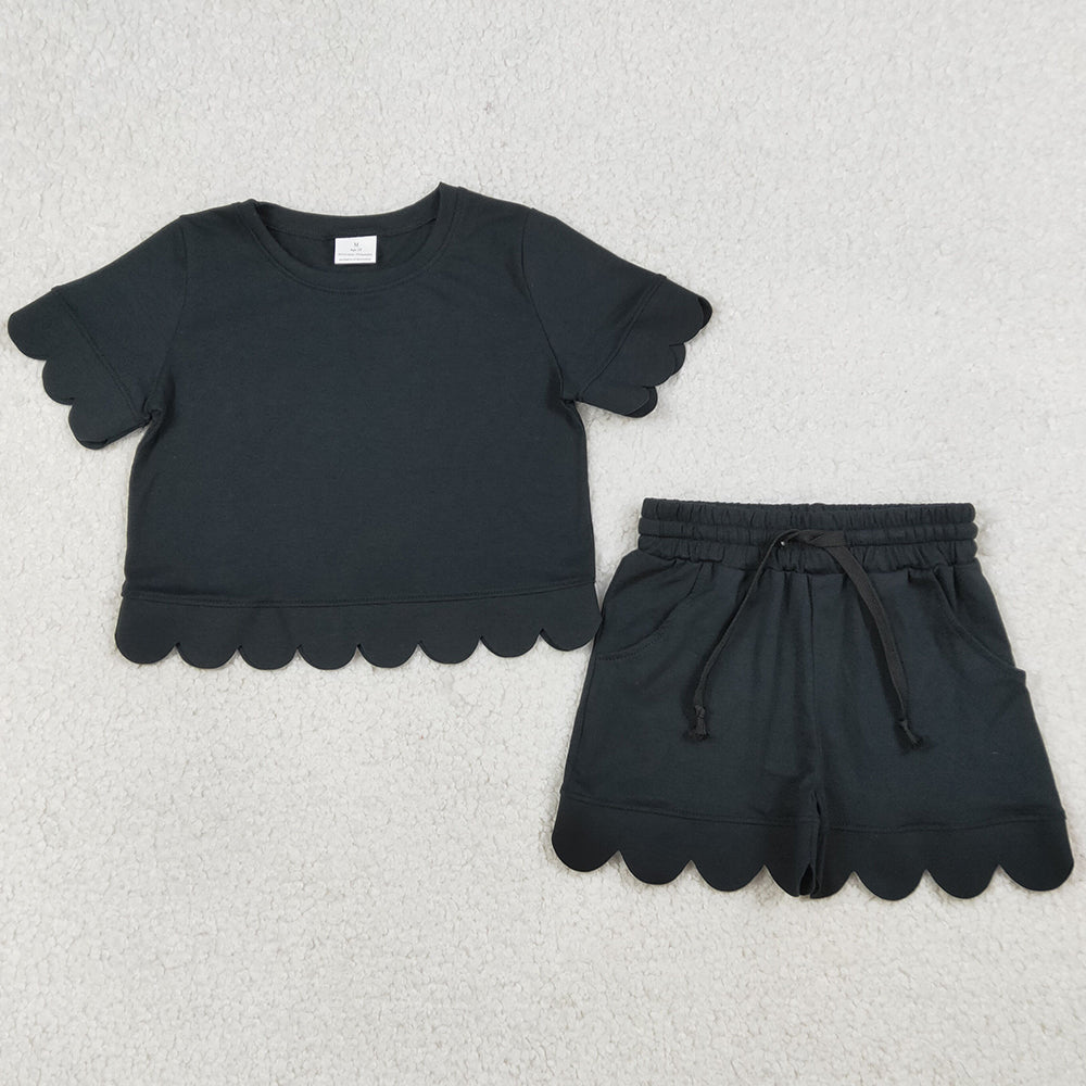 Baby Girls Clothes Black Short Sleeve Shirts Top Shorts Scallop Clothes Sets GSSO3172
