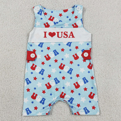 Baby Girls Rompers Sleeveless I Love USA Stars 4th of July Ruffle Rompers SR4154