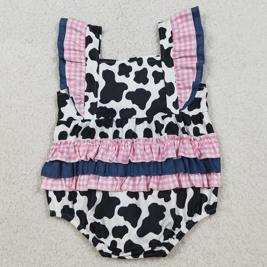 Baby Girls Rompers Flutter Sleeve Western Cow Print Ruffle Rompers SR3898