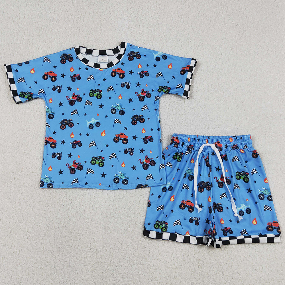 Baby Boys Clothes Blue Motors Cars Flags Top Shorts 4th of July Clothes Sets BSSO1641