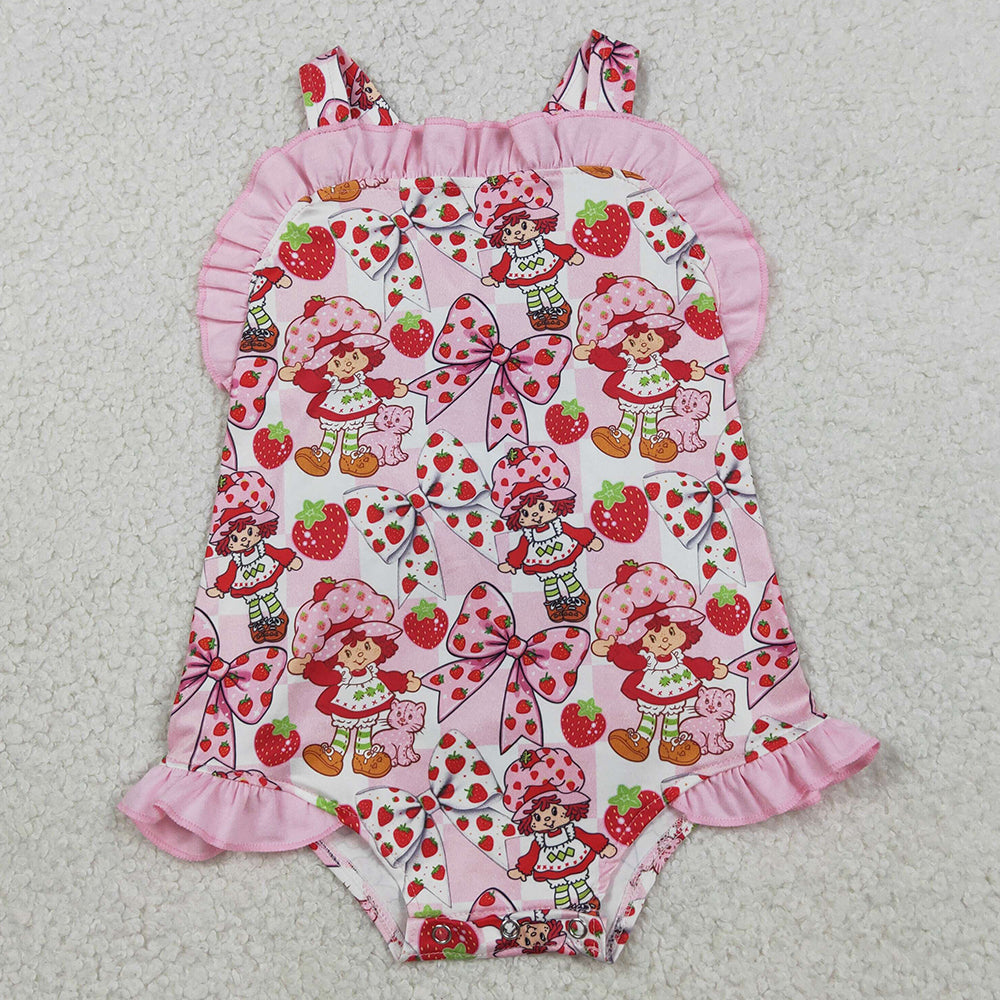 Baby Girls Rompers Strawberry Girls Strap Flowers Back Bow Ruffle Rompers SR3885