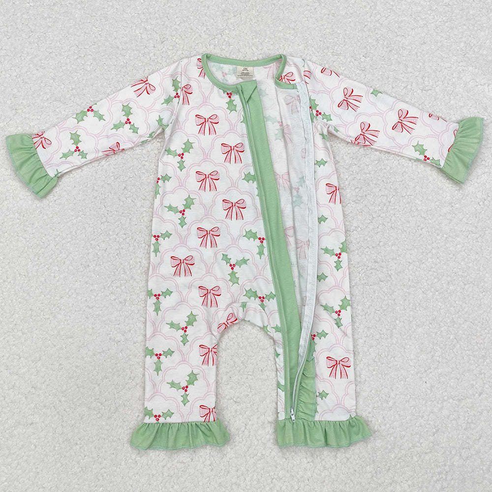 Baby Infant Girls Rompers Christmas Bows Holly Long Sleeve Zip Rompers LR1344