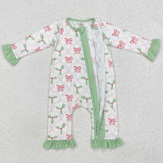 Baby Infant Girls Rompers Christmas Bows Holly Long Sleeve Zip Rompers LR1344