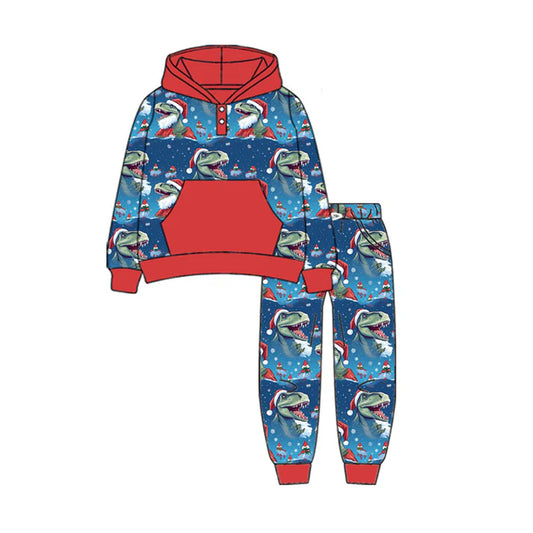 Preorder (moq 5)Baby Boys Button Pocket Hats Dinosaurs Hoodie Jogger Christmas Blue Clothes Sets 9.4