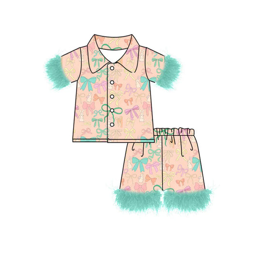 Preorder (moq 8)Baby Girls Colorful Bows Rabbits Button Top Shorts Easter Fur Pajamas Sets 9.18