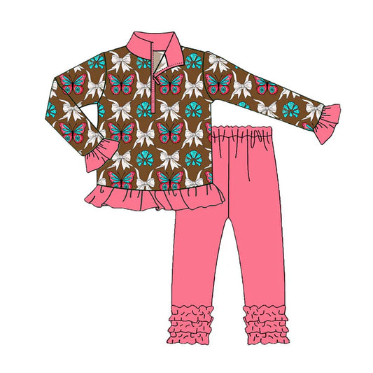 Preorder (moq 5)Baby Girls Butterfly Turquoise Plaid Zipper Pullovers Ruffle Leggings Western Set 8.30