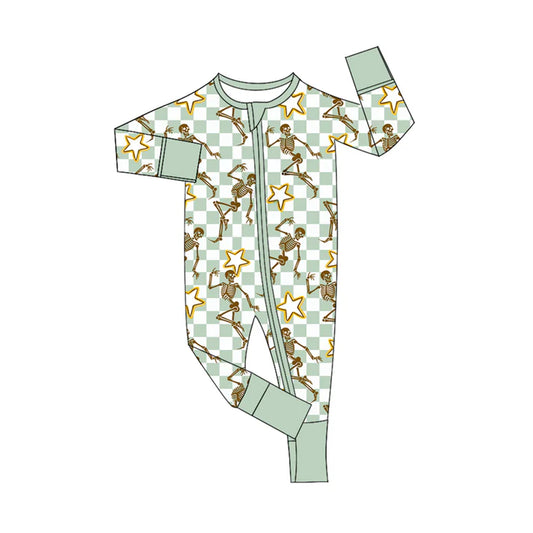 Preorder(moq 5)Baby Infant Boys Long Sleeves Aqua Plaid Skull Stars Halloween Zipper Rompers 7.30