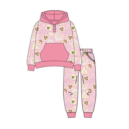 Preorder (moq 5)Baby Girls Long Sleeves Deer Trees Plaid Pocket Button Hoodies Legging Pant Sets 6.11
