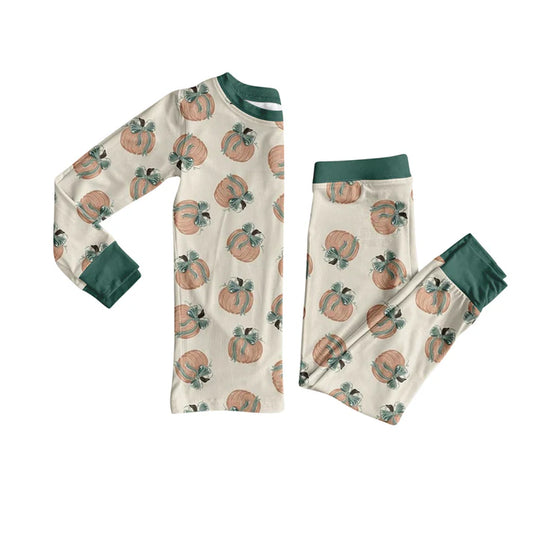 Preorder (moq 5)Baby Boys Long Sleeves Green Bow Pumpkins Plaid Top Pant Pajamas Sets 6.21