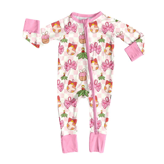 Preorder (moq 5)Baby Girls Pink Plaid Long Sleeves Bows Holly Lights Zipper Romper 7.2
