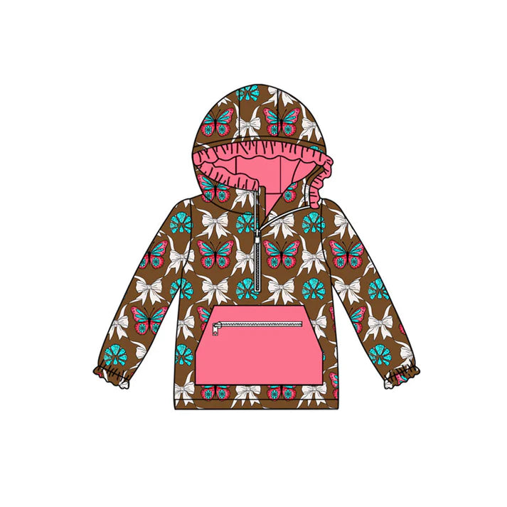Preorder(moq 5)Baby Girls Butterfly Turquoise Plaid Western Pockets Zipper Hoodie Tops 8.30